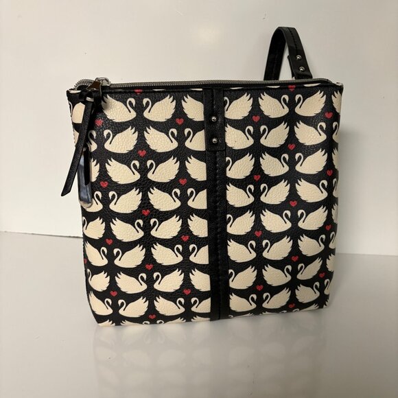 Relic Black White Swan Print Crossbody Bag Adjustable Strap Zipper Closure Purse - Picture 1 of 7